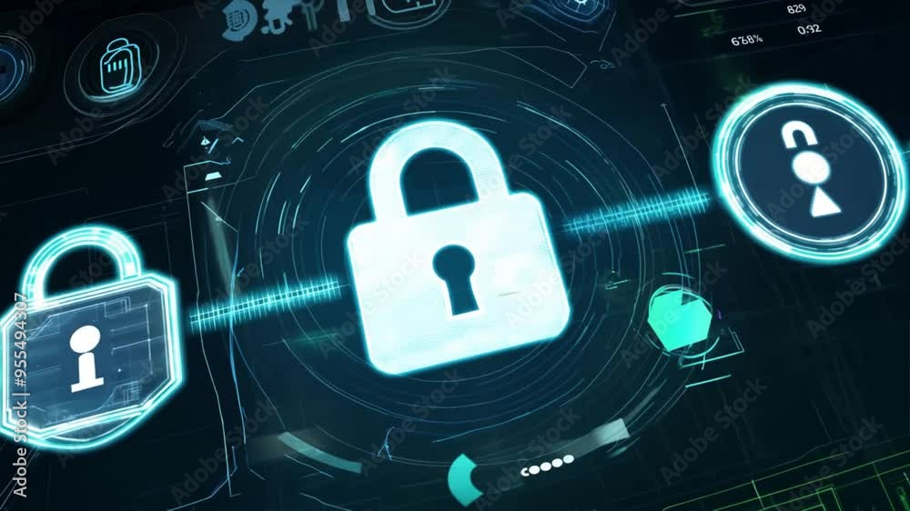  a looping animation of a high-tech digital security system in action. The scene should feature holographic interfaces