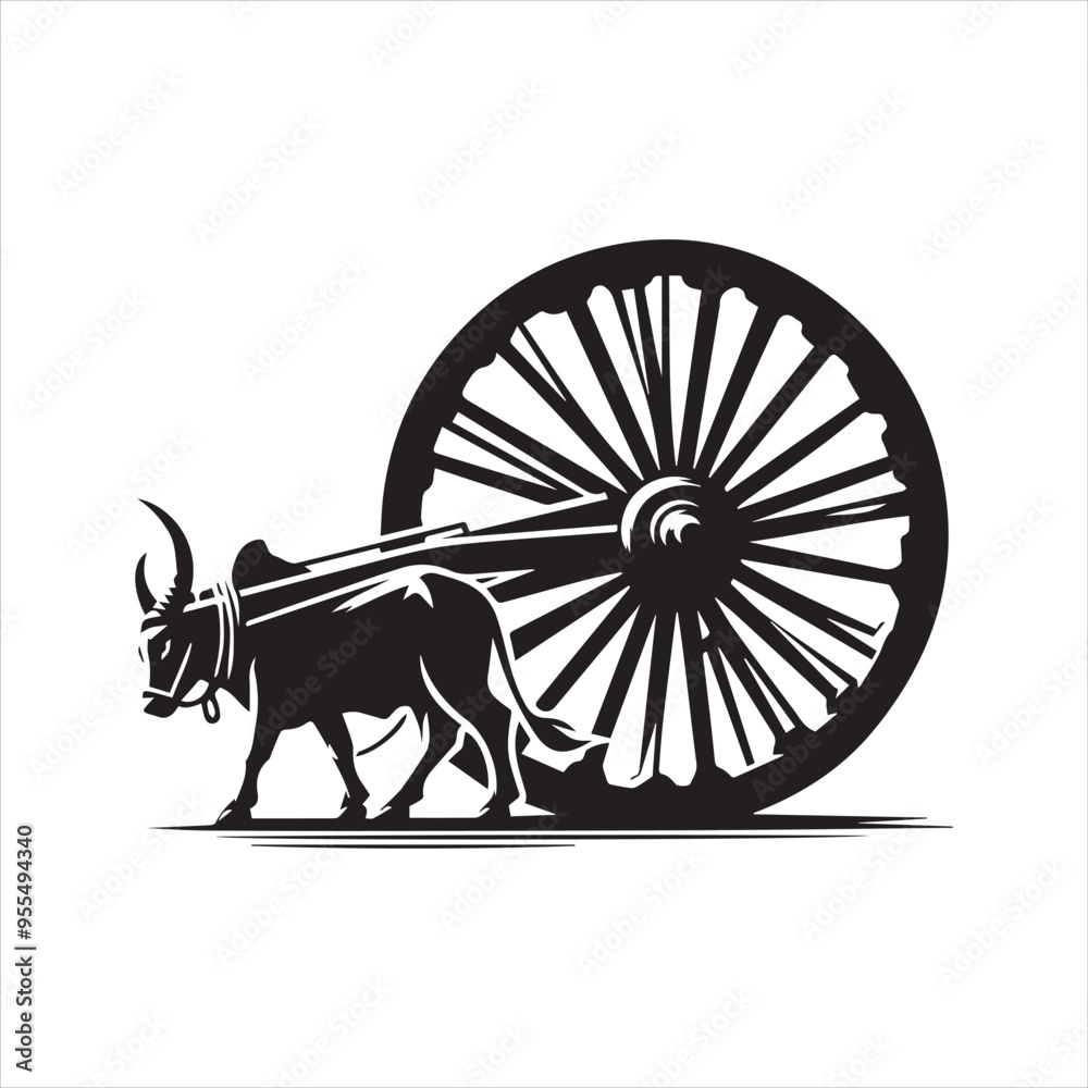 Fototapeta premium bullock cart wheel silhouette vector With White Background