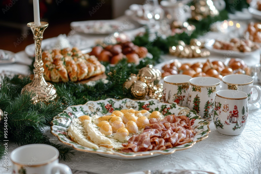 Elegant Christmas breakfast with eggs, bacon, and festive mugs Elegant Christmas breakfast with eggs, bacon, and festive mugs