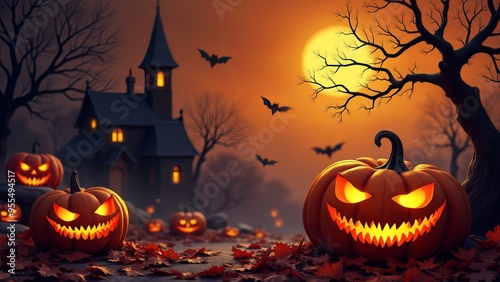 Cartoon-Style spooky house, with Orange Sky, Full Moon, Mysterious Trees, and Pumpkins in the Foreground