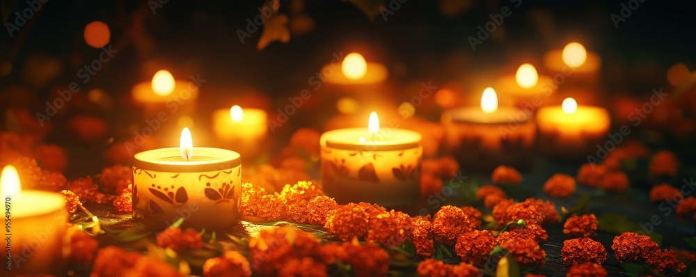 Serene candle light illuminating a tranquil setting, surrounded by vibrant marigold flowers, perfect for relaxation and peace.