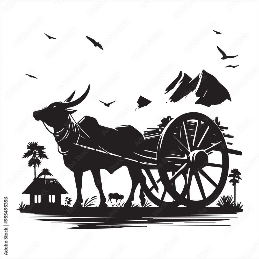 Fototapeta premium bullock cart wheel silhouette vector With White Background 