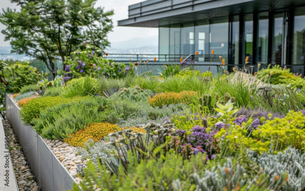 Obraz premium Lush green roof featuring dense prehistoric plants transforms urban space into a vibrant oasis