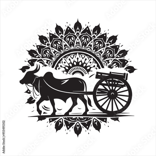 bullock cart wheel silhouette vector With White Background 