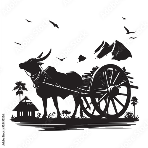 bullock cart wheel silhouette vector With White Background 