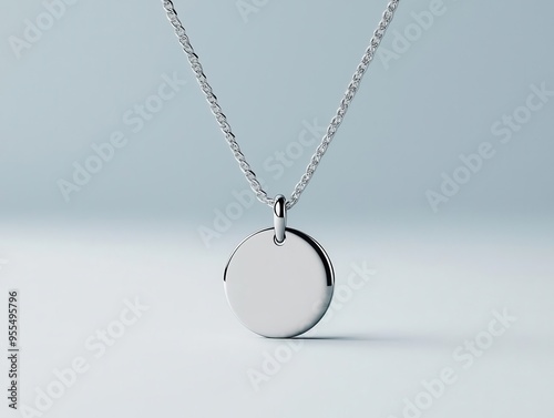 Minimalist necklace with a small circle pendant, silver finish, photorealistic, clean and elegant