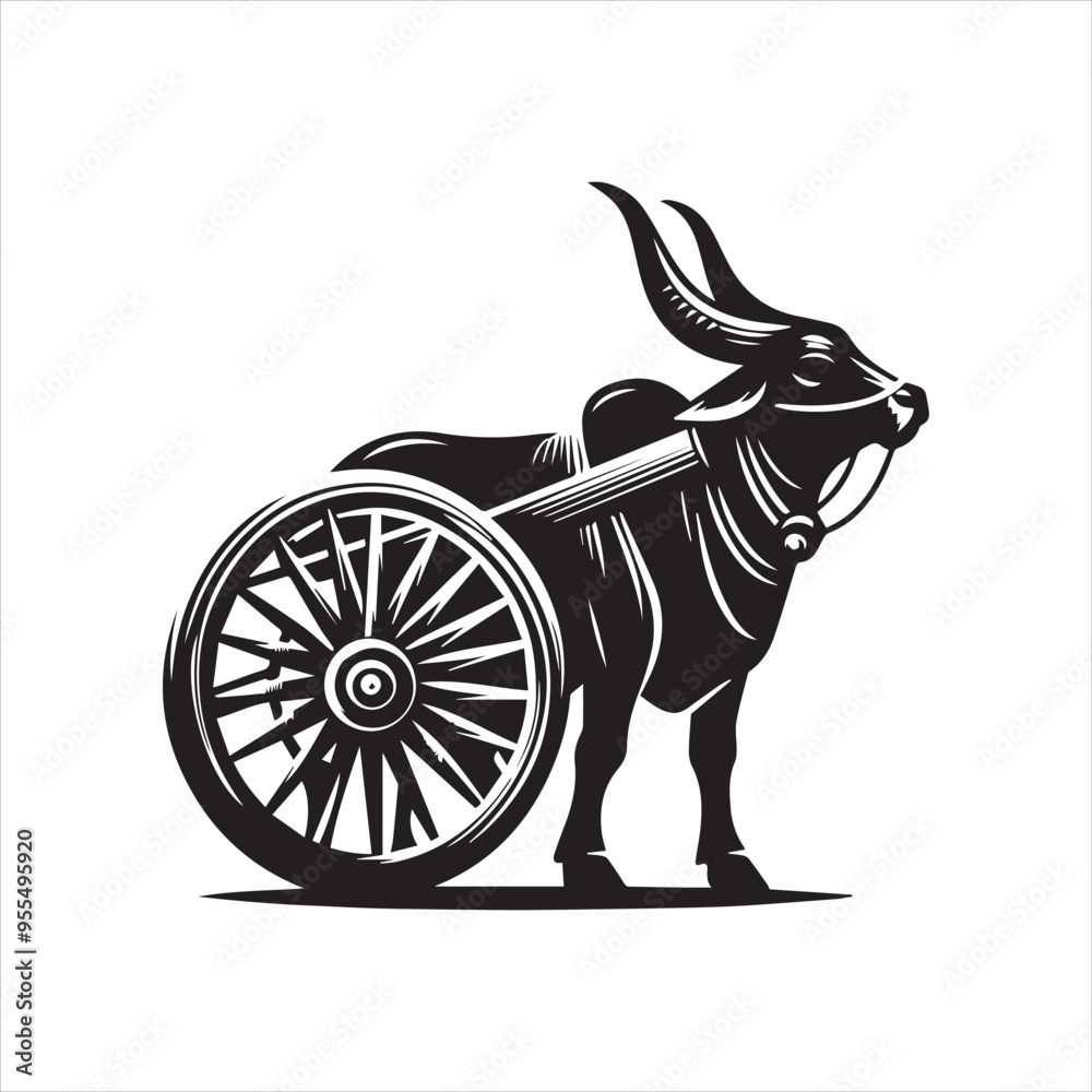 Fototapeta premium bullock cart wheel silhouette vector With White Background 