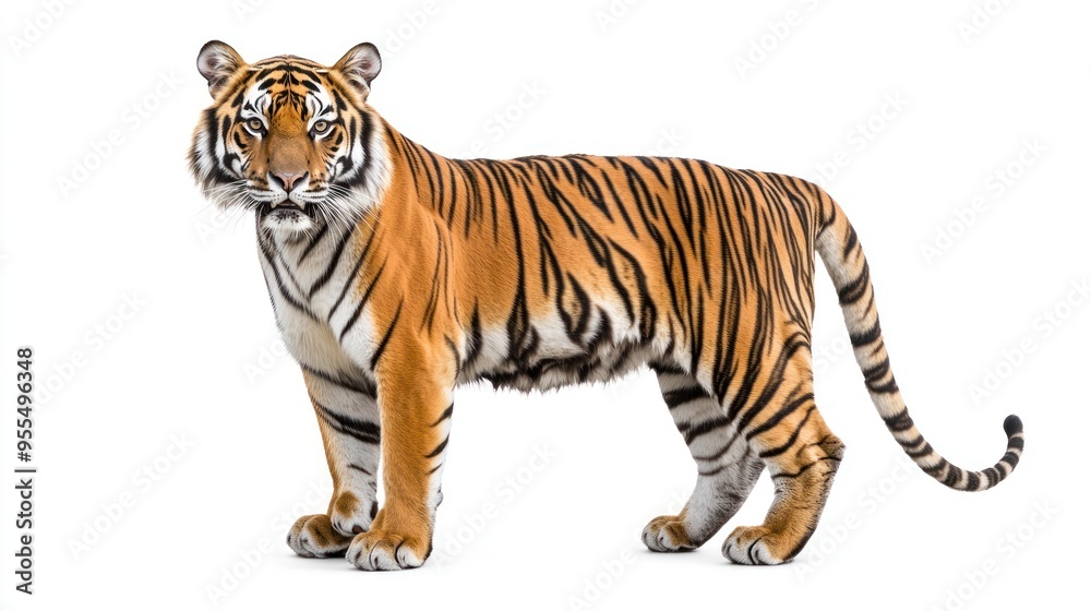 Obraz premium Striped Tiger Standing on White Background