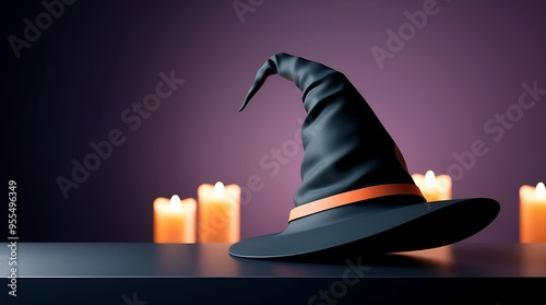 Witch hat candles with lit flames on a dark background, perfect for Halloween or spookythemed designs, witchcraft concepts. photo