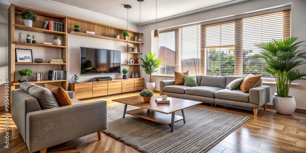 Modern Living Room with Grey Sofa and Wooden Shelves, Natural Light, Interior Design, Minimalist Style, Home Decor, Sofa, Interior