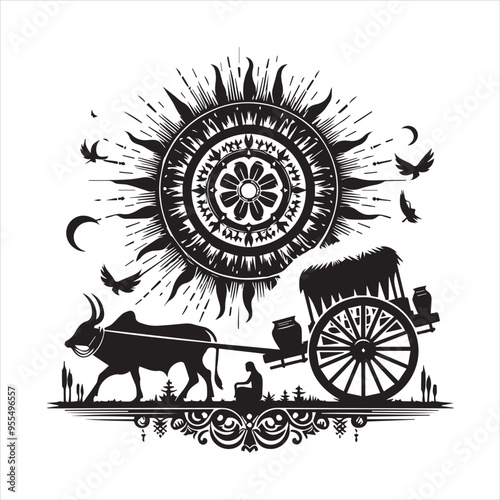 bullock cart wheel silhouette vector With White Background 