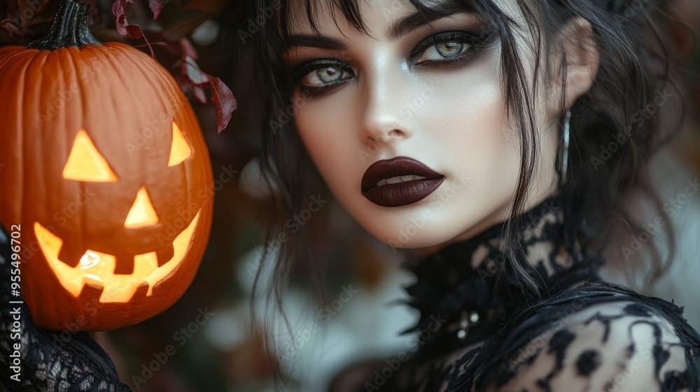 Fototapeta premium Brunette Goth woman, holding a jack-o-lantern pumpkin, fashion and make-up shoot Portrait. Gothic, Goth, Victorian, Dark style fashion. Dark smokey make-up, red lipstick. Dramatic. Elegant.