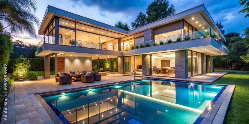 Fototapeta premium Modern Luxury Villa with Swimming Pool at Dusk, Luxury , Villa , Night , Swimming Pool
