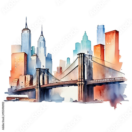 brooklyn bridge new york skyline watercolor icon isolated