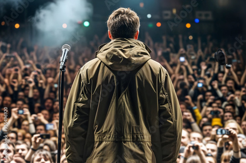 Amidst the frenzy of a roaring crowd, a rock star stands like an oasis on stage. Band frontman standing on stage facing the fans photo
