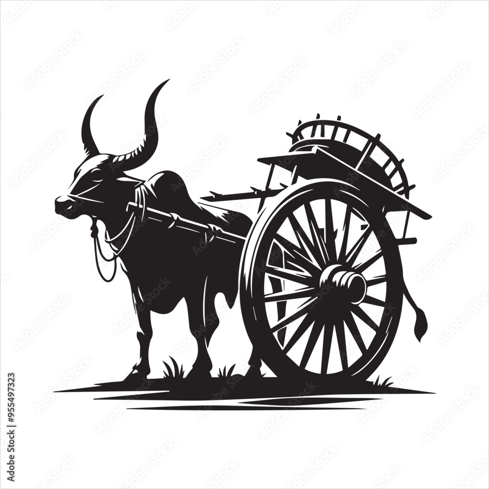 Fototapeta premium bullock cart wheel silhouette vector With White Background