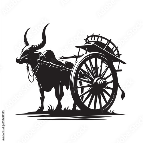 bullock cart wheel silhouette vector With White Background 