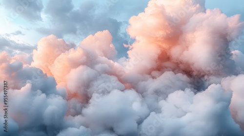 Delicate pastel-colored clouds fill the sky at dawn, with hues of pink, blue, and orange blending together, creating a peaceful and dreamy atmosphere.