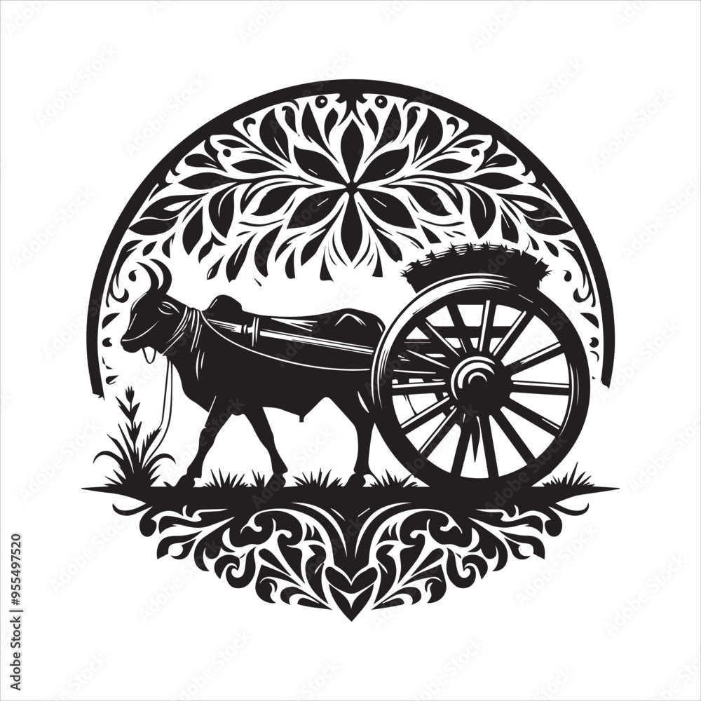 Fototapeta premium bullock cart wheel silhouette vector With White Background 