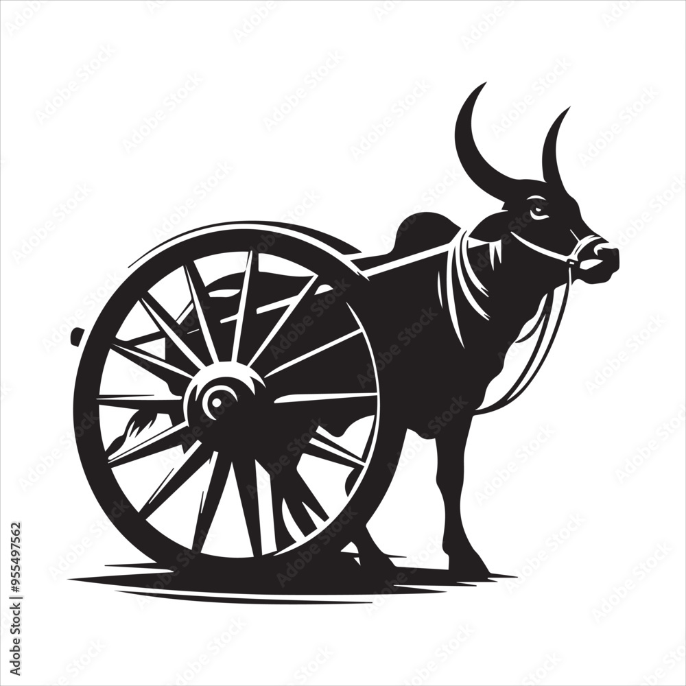 Fototapeta premium bullock cart wheel silhouette vector With White Background 
