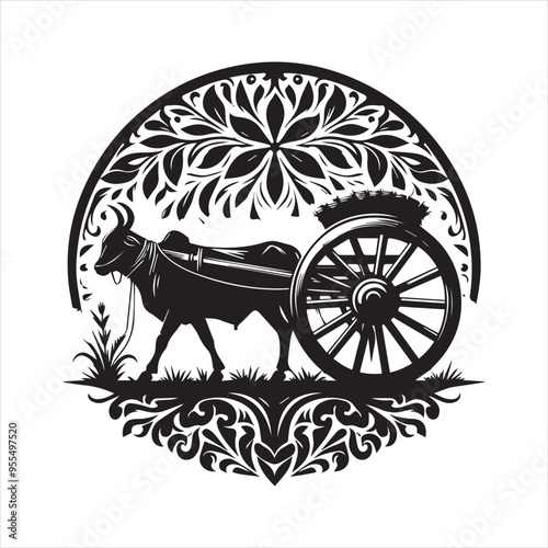 bullock cart wheel silhouette vector With White Background 