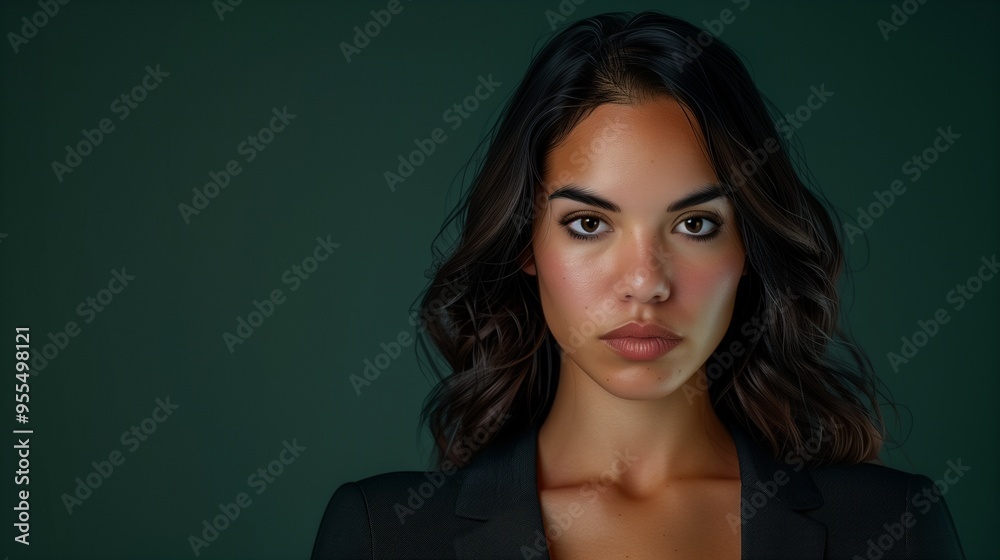 A photorealistic portrait of a Latina businesswoman with a focused expression, her hair styled in a practical way that doesn't obscure her determined look. Flat, dark green background. A photorealistic portrait of a Latina businesswoman with a focused expression, her hair styled in a practical way that doesn't obscure her determined look. Flat, dark green background.
