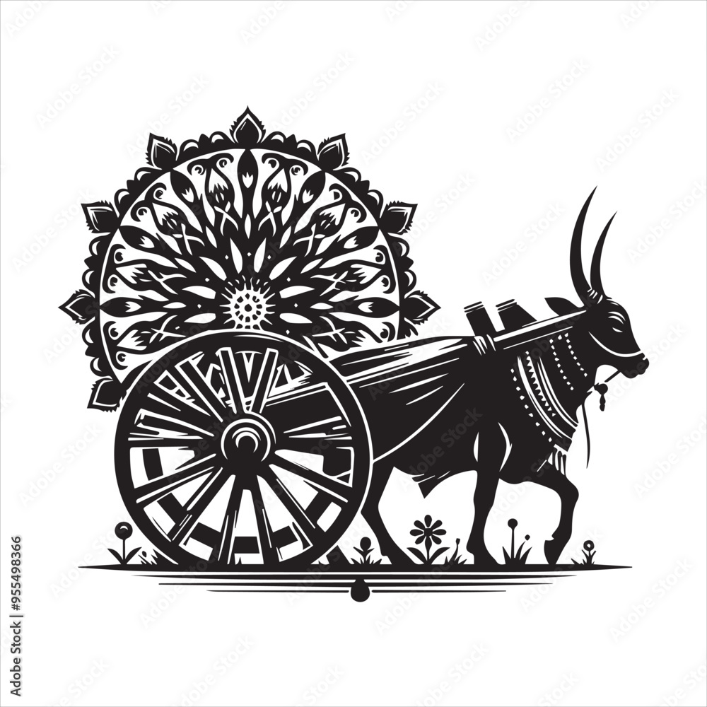 Fototapeta premium bullock cart wheel silhouette vector With White Background 