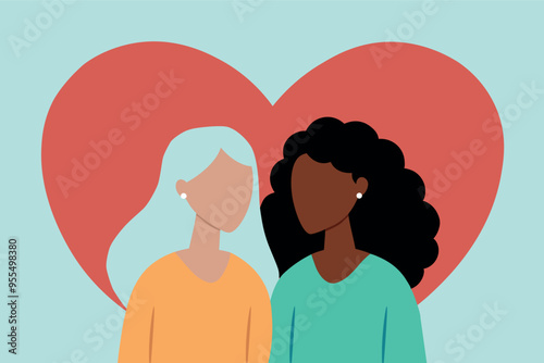 LGBT love couple lesbian girls in romantic relationships. Pride month concept. Flat vector illustration
