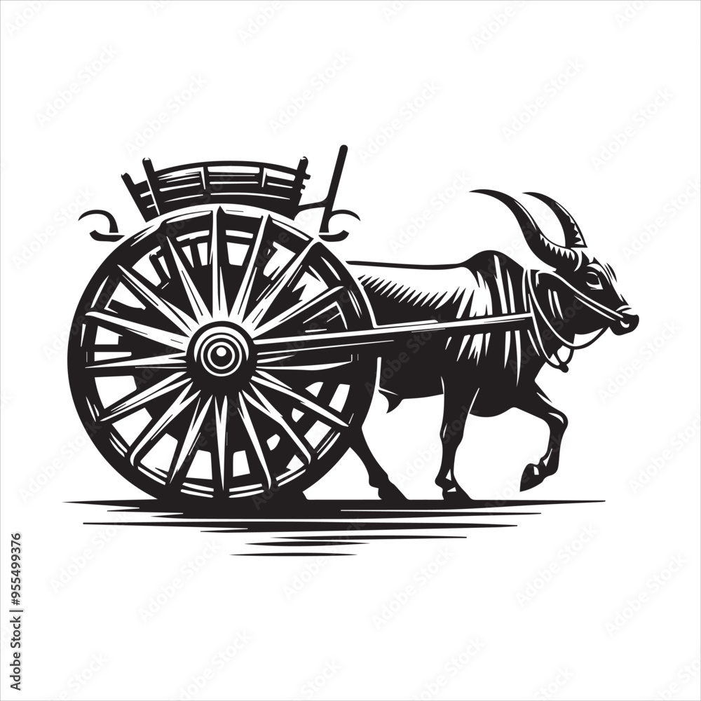Fototapeta premium bullock cart wheel silhouette vector With White Background 