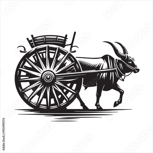 bullock cart wheel silhouette vector With White Background 