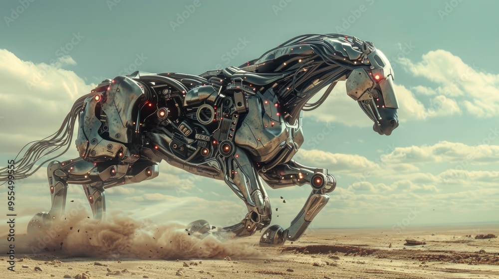 Fototapeta premium Robotic Horse Galloping Through a Desert Landscape