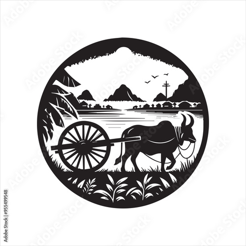 bullock cart wheel silhouette vector With White Background 