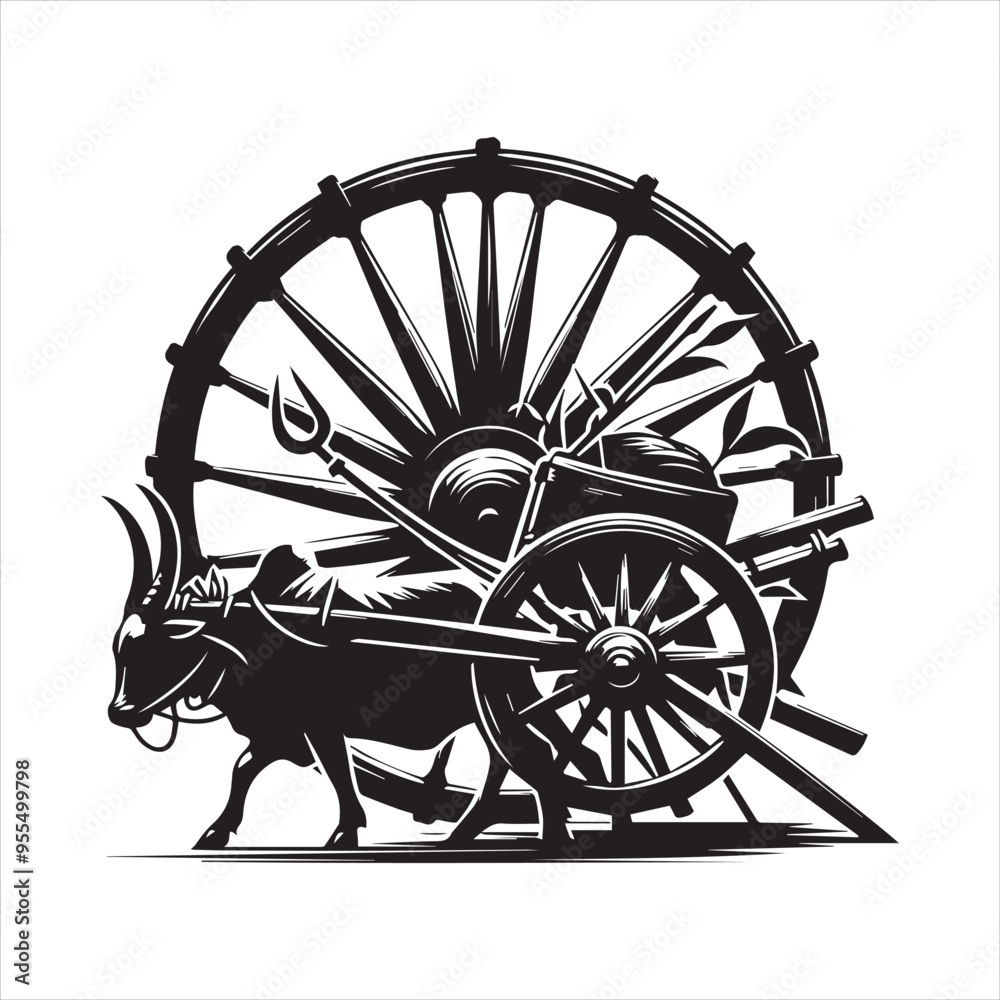 Fototapeta premium bullock cart wheel silhouette vector With White Background 
