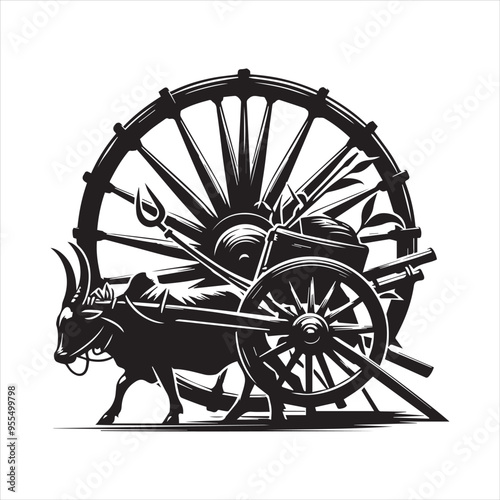 bullock cart wheel silhouette vector With White Background 