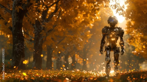 Futuristic Robot Walking Through Autumn Forest