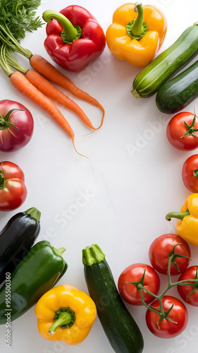 A vibrant assortment of fresh vegetables including carrots, tomatoes, bell peppers, leafy greens, and herbs arranged artistically on a white background.