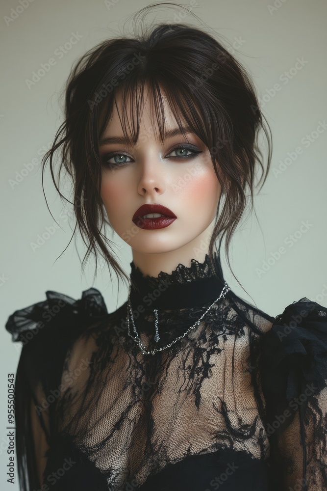 Brunette Goth woman, Victorian fashion and make-up shoot Portrait. Gothic, Goth, Victorian, Dark style fashion. Dark smokey make-up, red lipstick. Dramatic. Elegant. Brunette Goth woman, Victorian fashion and make-up shoot Portrait. Gothic, Goth, Victorian, Dark style fashion. Dark smokey make-up, red lipstick. Dramatic. Elegant.