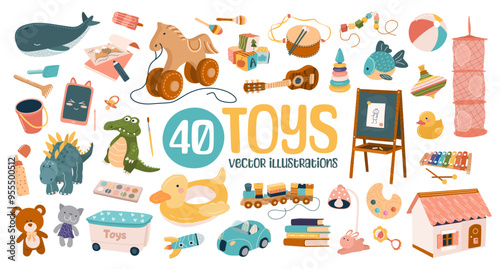 Set of 40 cute plush and plastic toys for kids. Chalkboard, car, dollhouse, tablet, books, ball, musical instruments, cubes for preschool boys and girls. Isolated flat vector illustrations on white.