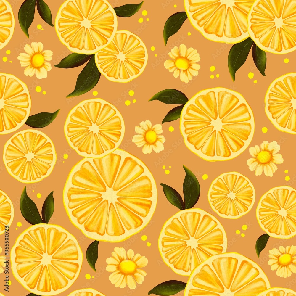 Seamless pattern with lemons on orange background. Perfect for fabrics, kitchen designs. Seamless pattern with lemons on orange background. Perfect for fabrics, kitchen designs.