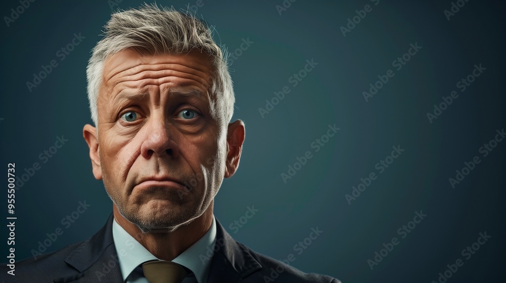 A seasoned businessman with salt-and-pepper hair, exuding authority with a flat, dark blue background behind him.