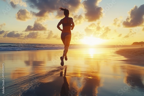 Woman jogging on beach at sunset, reflection in water