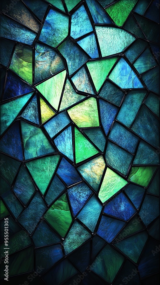 Stained glass: A fragmented glass pattern with varying shades of blue and green, evoking a sense of calm and tranquility. Stained glass: A fragmented glass pattern with varying shades of blue and green, evoking a sense of calm and tranquility.