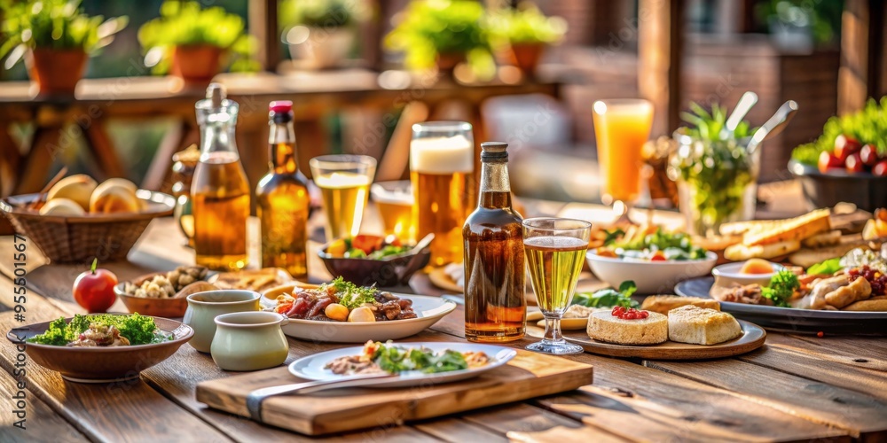 Outdoor Rustic Table Setting with Beer and Wine, Food, and Summer Sunlight, Table setting, Food Photography, Summer Feast, Rustic Ambiance Outdoor Rustic Table Setting with Beer and Wine, Food, and Summer Sunlight, Table setting, Food Photography, Summer Feast, Rustic Ambiance