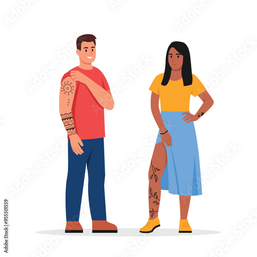 Vector illustration of a guy and a girl with a tattoo. Cartoon scene of a guy and a girl with tattoos on the skin of hands and feet: symbols, lines, leaves, stars isolated on a white background.