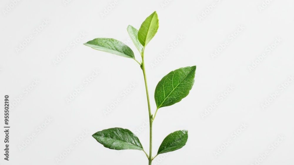 Green Branch with Five Leaves Isolated on White Background Green Branch with Five Leaves Isolated on White Background