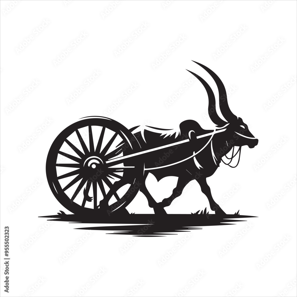 Fototapeta premium bullock cart wheel silhouette vector With White Background 