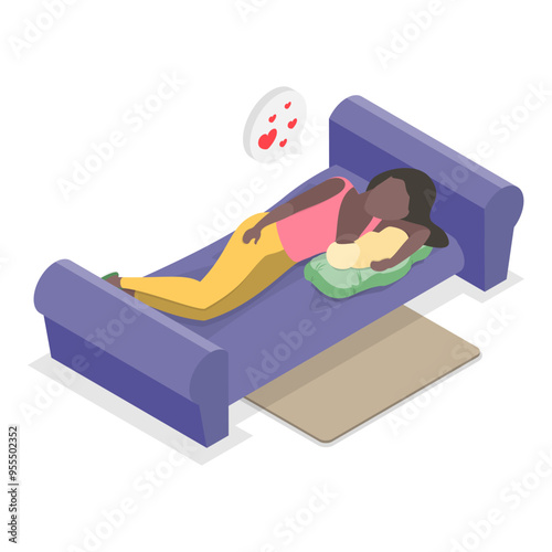 3D Isometric Flat Vector Illustration of Breastfeeding Positions, Mother Feeding Baby with Breast. Item 2