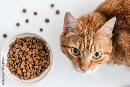 cat eats food from a bowl on a white background, top view 