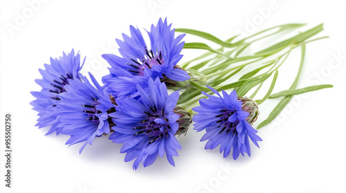 Several blue cornflowers on a white background.