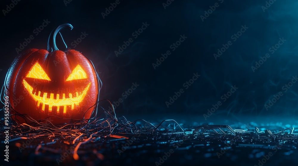 Naklejka premium A glowing jack-o'-lantern with a cyberpunk twist, featuring neon wires and circuits